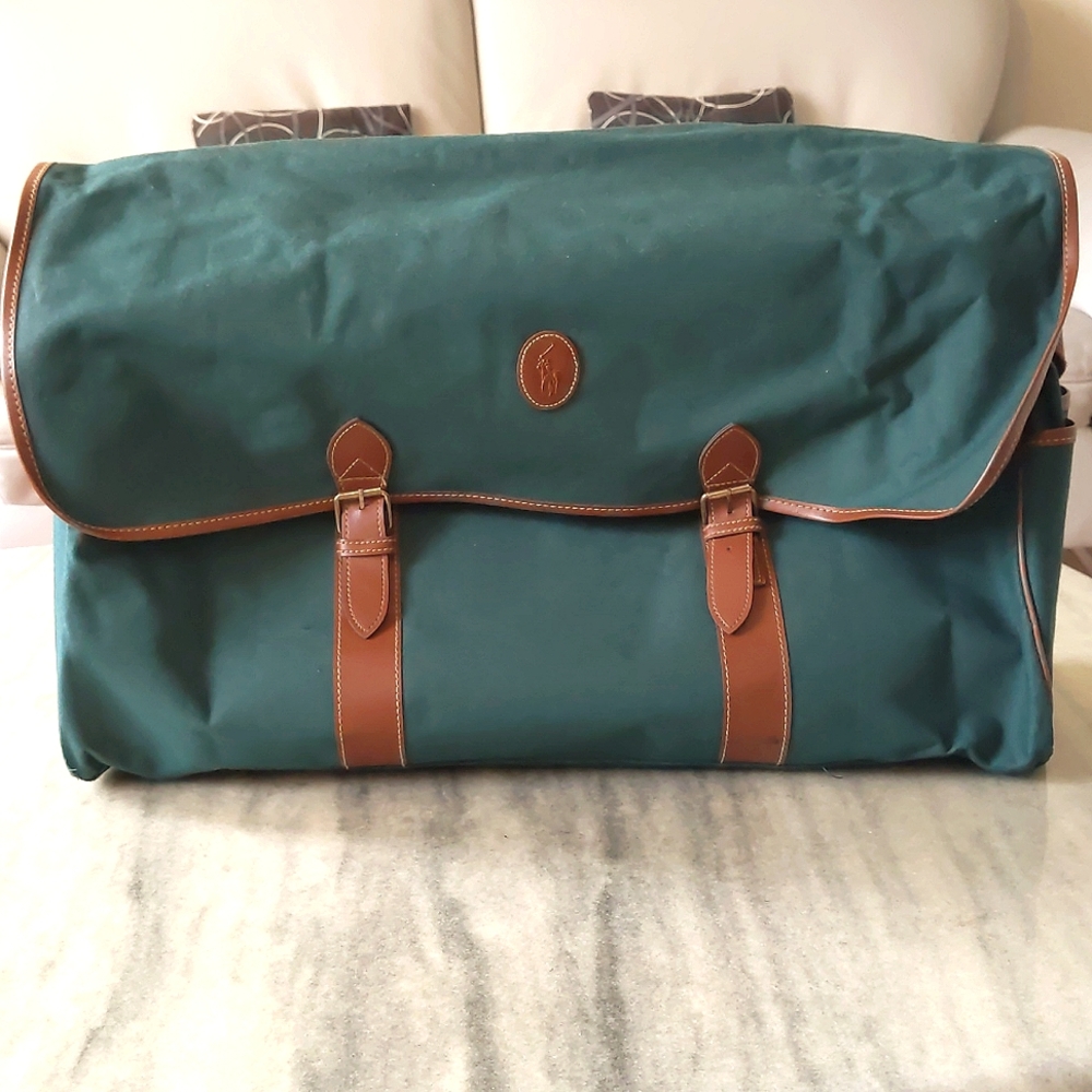 Ralph Lauren Pony Logo Leather Trim Briefcase Messenger Bag.